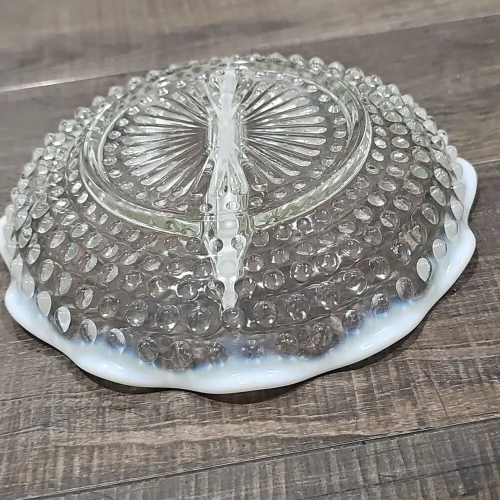 Vtg Anchor Hocking Hobnail French White Opalescent Moonstone Divided Dish Candy